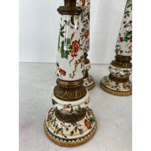 Vintage Chinoiserie Ceramic Obelisk Set 3 Brass Elephant Finials Famille Rose - Picture 5 of 16